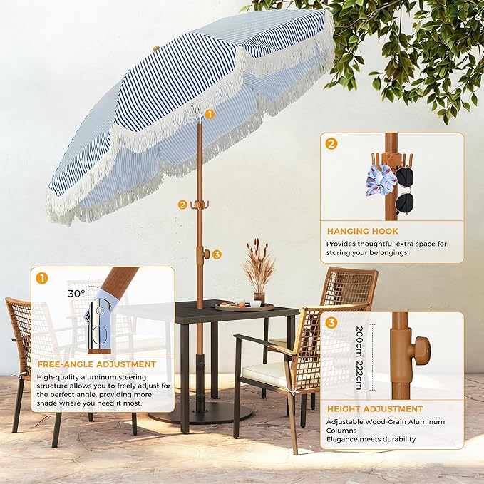 HOMEDEMO Boho Umbrella, Outdoor Umbrella with UPF50+ Sun Protection, Premium Aluminum Pole & Fiberglass Ribs, Includes Hanging Hook