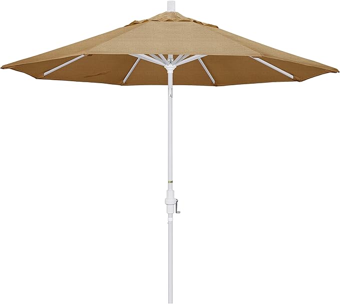 California Umbrella 9' Round Aluminum Patio Umbrella, Crank Lift, Collar Tilt, White Pole, Sunbrella Linen Sesame
