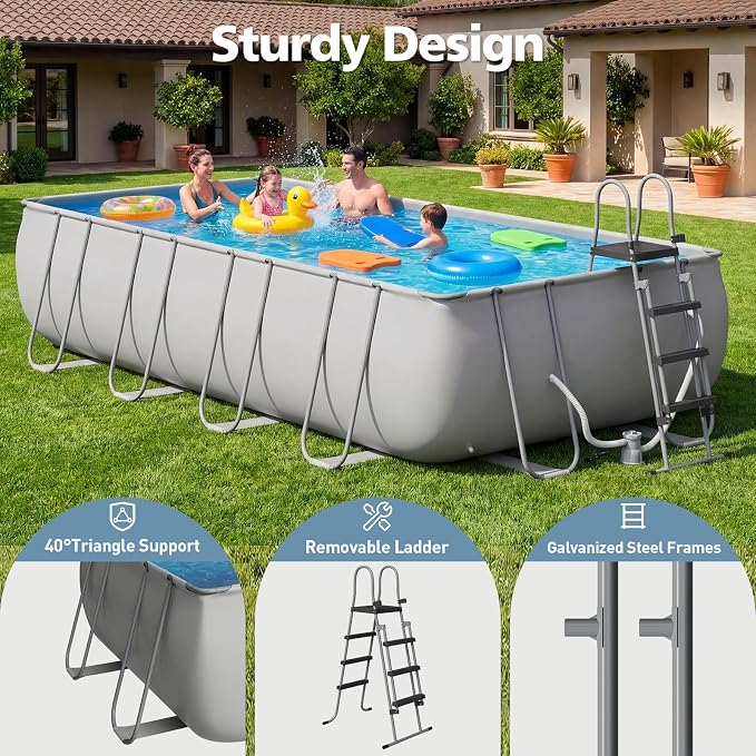 18' x 9' x 47" Rectangular Above Ground Pool Set with Removable Ladder and Filter Pump, Large Swimming Pool for Backyard, Gray