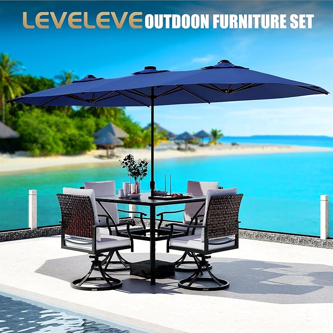 LEVELEVE 15FT Double-Sided Patio Umbrella with Base Included, Large Outdoor Rectangular Market Umbrella for Backyard, Poolside, Lawn & Garden,Blue