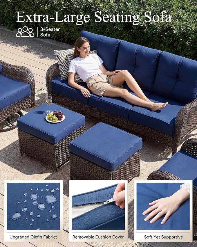 Outdoor Patio Swivel Rocker Chairs Set of 2 with Table, All-Weather Wicker Rattan Patio Furniture Set with 6-Inch Thick Cushions, Conversation Seating for Porch Backyard Deck (Navy Blue,3 PCS)