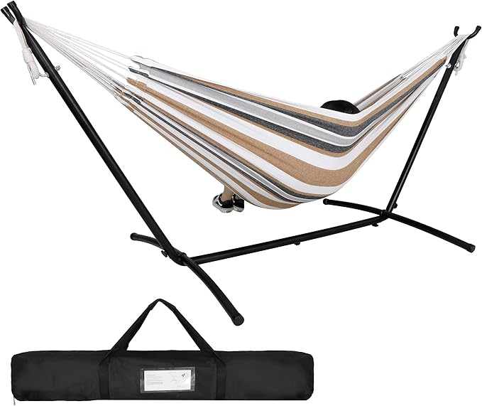 Double Hammock with 9FT Space Saving Steel Stand, 2-Person Portable Hammock with Stand for Outdoor Patio or Indoor, 330 Pounds Capacity, 6 Optional Hook Positions (Khaki)