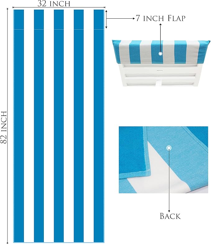 COTTON CRAFT Pool Lounge Chair Cover - 2 Pack - Chaise Beach Picnic Spa Towel - Cabana Stripe - Soft Premium Ringspun Terry Cotton - Oversized - 32 inch Wide x 82 inch Long with 7 inch Pocket – Aqua