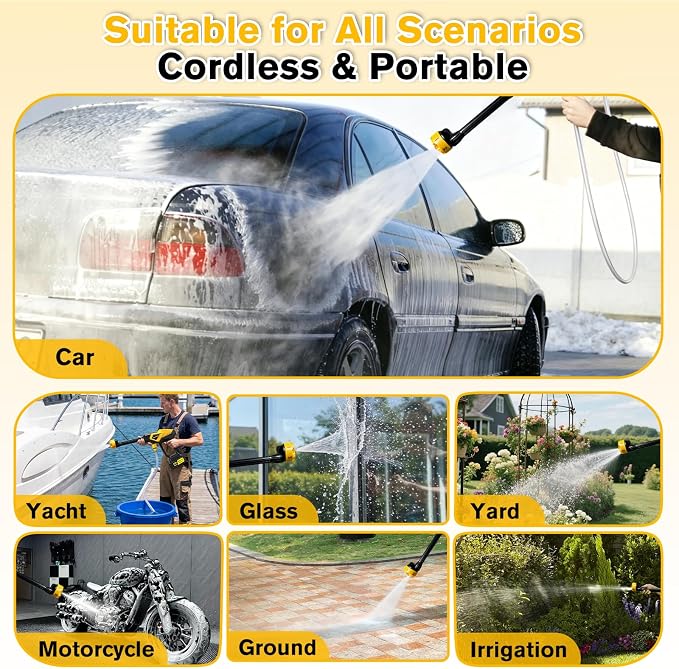 Cordless Pressure Washer, 1450 PSI Handheld Pressure Washer with 6-in-1 Nozzle, Battery Powered Pressure Washer, Portable Power Washer Cleaning Tool for for Car Wash, Garden, Patio, Home