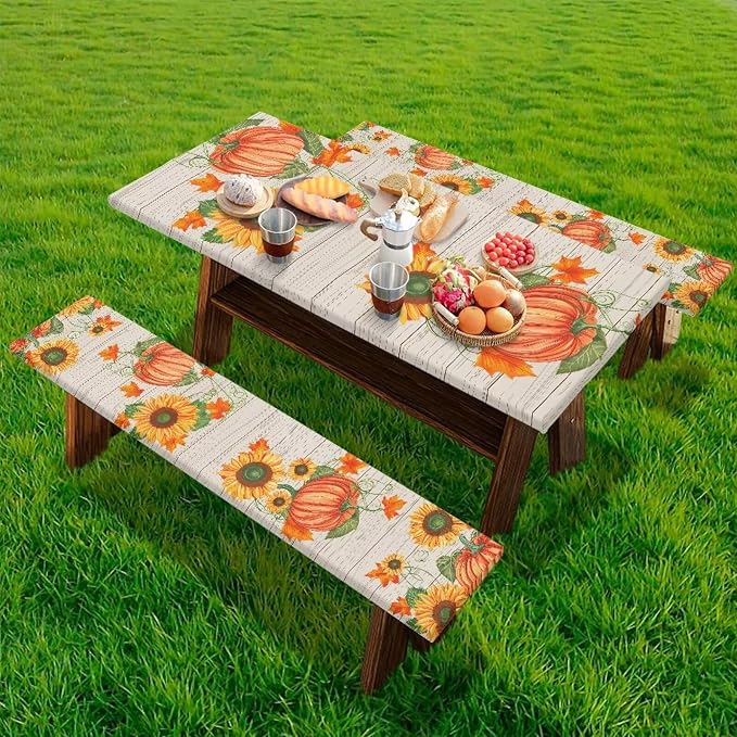 Fall Picnic Table Cover with Bench Covers Rectangle Pumpkin Sunflower Fitted Picnic Table Cover with Bench Covers Washable Table Cover Outdoor Patio Camping Essentials 72x30 Inches