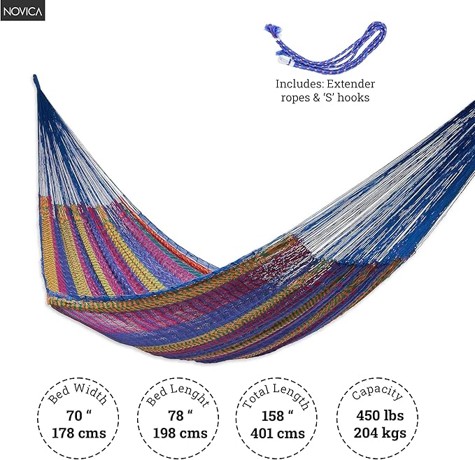 NOVICA Artisan Handmade Cotton Hammock Striped Rope Double Blue Orange Mexico Mayan [Bed Size 78in L x 70in W Total Length 158in L] ' Colors of Mexico' Double