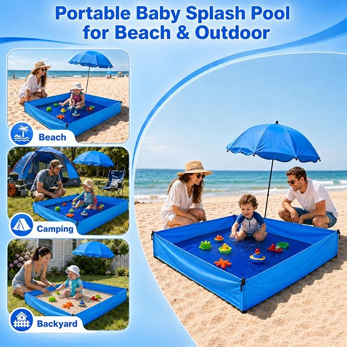 6x4.7 Ft Beach Puddle for Toddlers, Portable Beach Pool with Umbrella,No Dig Large Sand Free Sandbox Water Play Mat Beach Essentials with Carrying Bag for Boys Girls