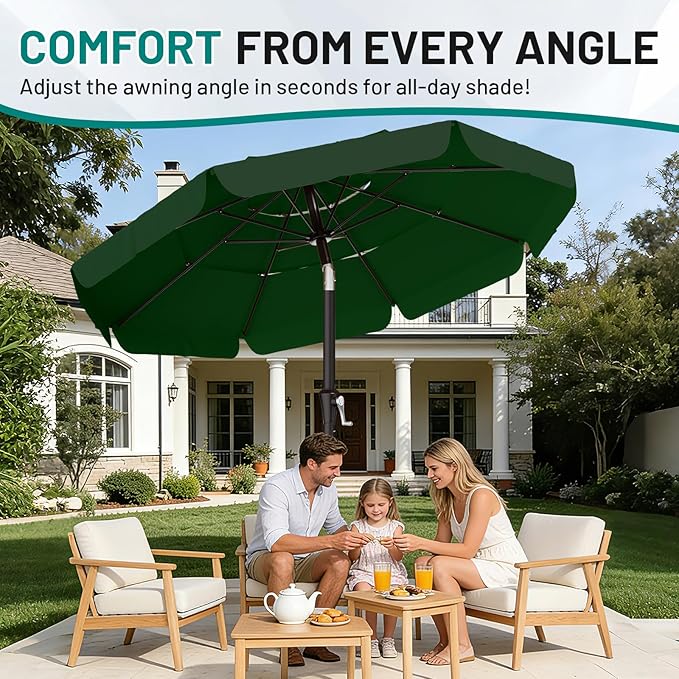 AreShark 9FT 3-Tiers Patio Umbrella with Valance, Outdoor Umbrellas with Crank/Tilt, Table Market Umbrella Vented w/ 8 Sturdy Ribs for Garden, Deck, Backyard, and Pool, Dark Green