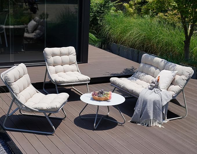 Grand patio Outdoor Sofa Set, Comfy E-Coated Outdoor Furniture Set for 4 Person with Thick Olefin Cushions, Samba Patio Conversation Set with Coffee Table for Backyard,Garden,Porch,Poolside, Beige