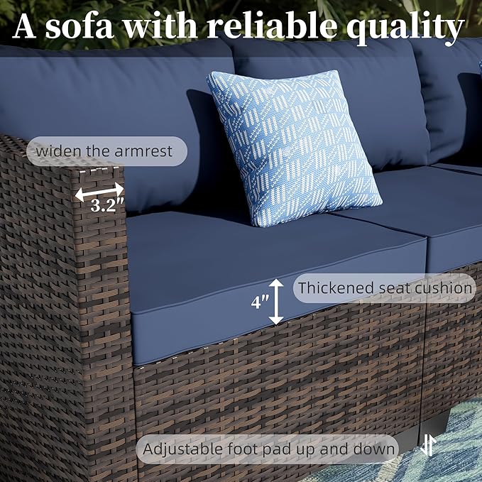 7 Pieces Patio Furniture Set - Outdoor Sectional Wicker Rattan Furniture with Cushion and Glass Table Patio Conversation Sets for Porch Poolside Backyard Outdoor Sofa Set Modular Sofa