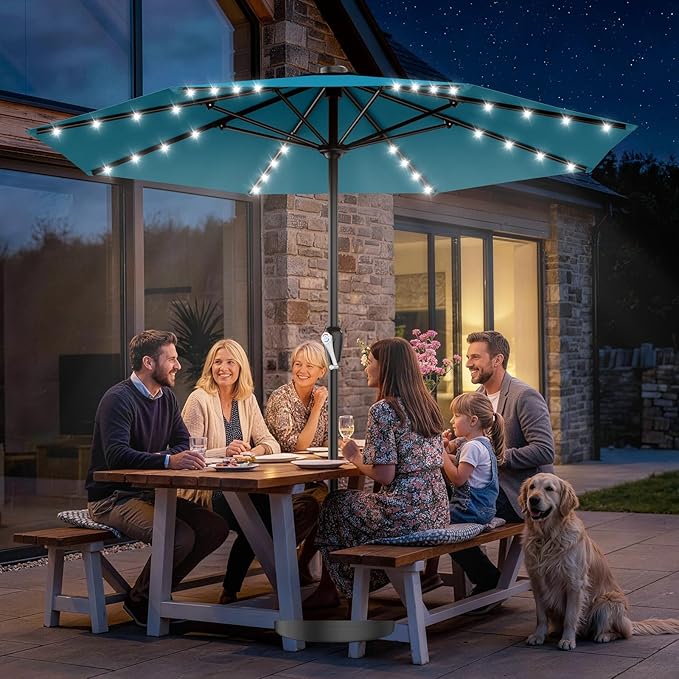 AreShark 12FT Large Patio Umbrella with Solar Lights, Solar Powered Outdoor Umbrella with Crank, Patio Table Market Umbrellas for Garden, Deck, Backyard, Pool and Beach, Lake Blue