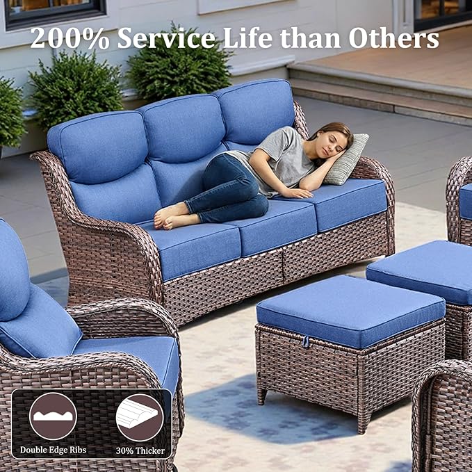 Luxury High Back Patio Furniture Set with 6-Inch Thick Cushions, 6-Pieces Outdoor Furniture with Swivel Chairs, Wicker Conversation Set for Porch, Balcony, Deck and Yard, Brown/Blue