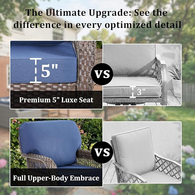 8 PCS Patio Furniture Set Outdoor Sectional Sofa Couch with Rocking Swivel Chairs 5" Deep Seat Chairs, Modern Wicker Rattan Conversation Set, Blue/Brown Wicker
