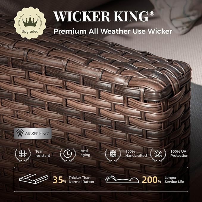Patio Furniture Set, 6 Pcs Wicker Rattan Outdoor Conversation Set, 2 x Leg Chairs, 1 x 3 Seater Sofa and 2 x Ottoman with 4" Thick Cushion and 56" Fire Pit Table, Beige