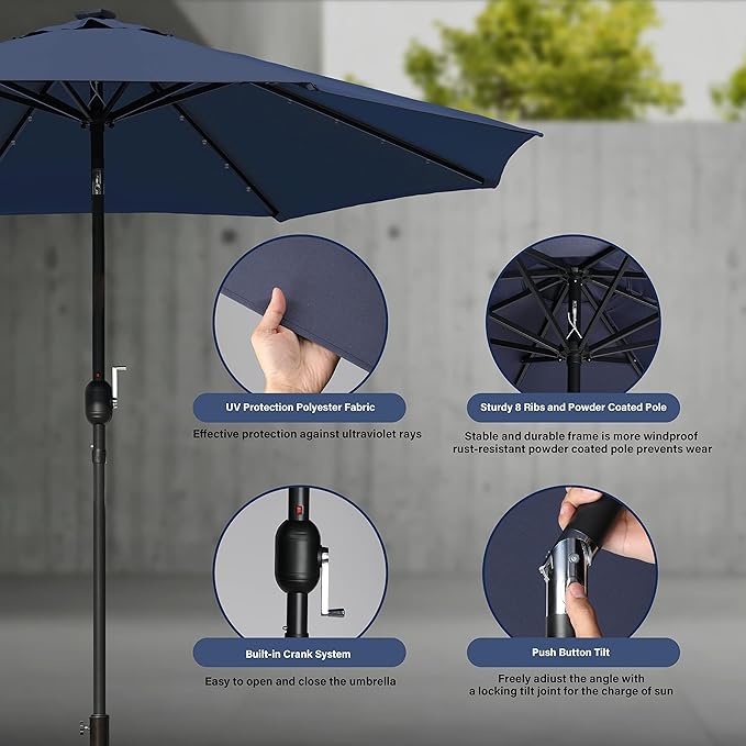 Simple Deluxe 9' Solar Umbrella 32 LED Lighted Patio Umbrella Table Market Umbrella with Push Button Tilt/Crank Outdoor Umbrella for Garden, Deck, Backyard and Pool