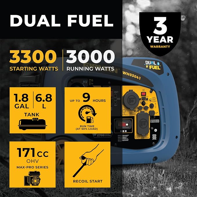 FIRMAN WH03041 Dual Fuel Inverter Portable Generator 3300W Gas Propane Recoil Start, Quiet 58dB RV Ready TT-30R, Fuel Efficient Outdoor Camping Tailgating Recreational Power Supply