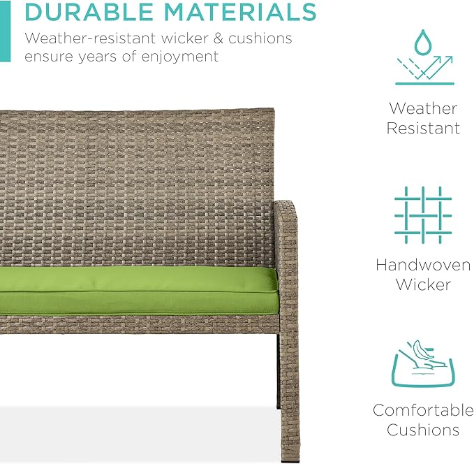 Best Choice Products 4-Piece Outdoor Wicker Patio Conversation Furniture Set for Backyard w/Coffee Table, Seat Cushions - Taupe/Pistachio