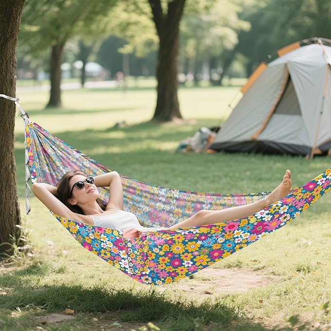 Camping Hammock Outdoor Hammocks for Outside Bright Retro Groovy Floral Beach Trees Portable Lightweight with Pockets Tree Straps Indoor