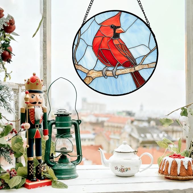Stained Glass Window Hanging Cardinal Birds Large 15" - Suncatcher Door Garden Sun Catcher Home Decor Christmas Birthday for Bird Lovers Woman Her Nana Wife Men Mom
