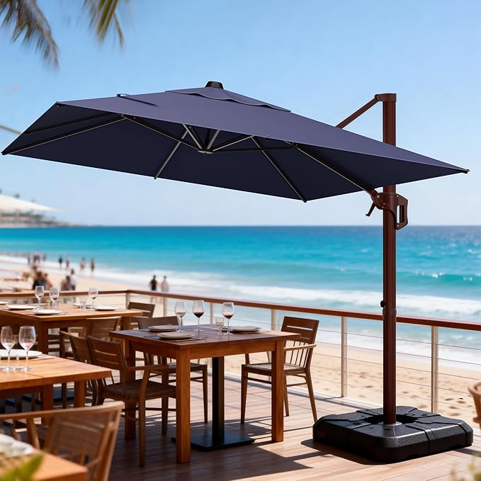 9' X 12' Cantilever Patio Umbrella Rectangle Outdoor Umbrella with Base Included, 6-Level Tilt & 360° Rotation Offset Umbrella for Garden, Deck, Pool (Navy Blue)