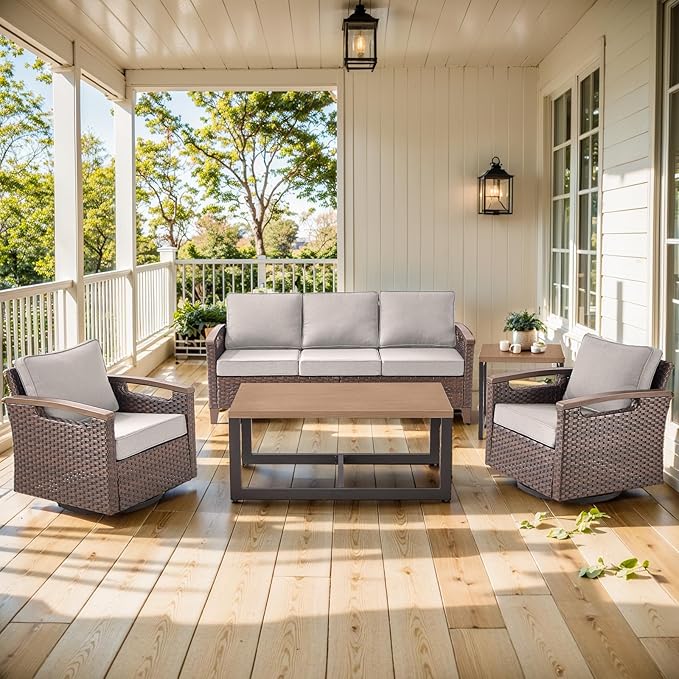 Luxury 5 Piece Heavy Duty Patio Furniture Set with Swivel Chairs - All Weather Wicker Comfort Thick Cushion Outdoor Conversation Set with Sofa & Coffee Table for Porch Poolside Deck - Beige