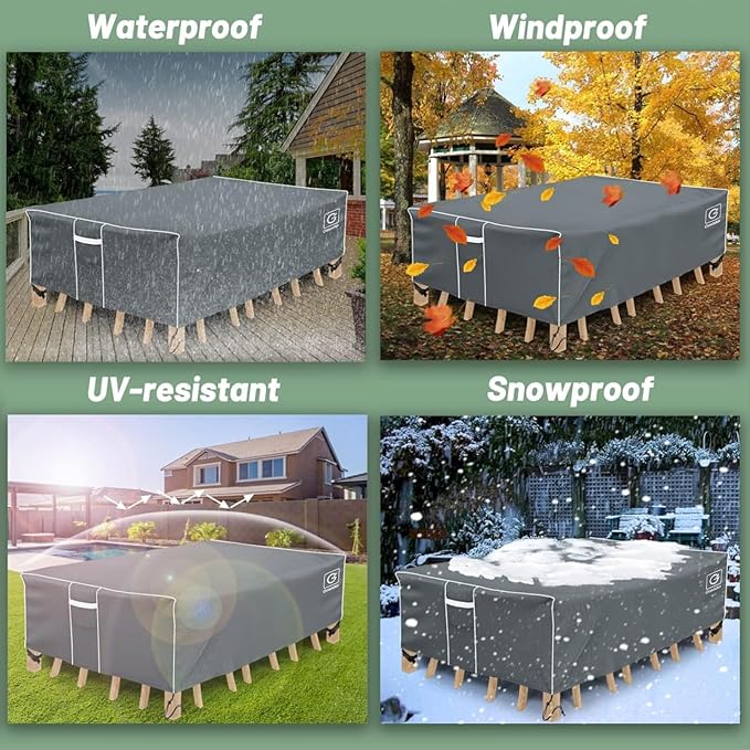 Gasadar Patio Table Cover, Waterproof Outdoor Furniture Cover Rectangular for Patio Table Set, 600D Heavy Duty, 74" L x 47" W x 28" H, Grey