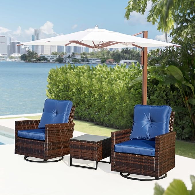 AVAWING 3 Pieces Patio Bistro Set, Wicker Swivel Glider Chairs with Tempered Glass Side Table, Patio Chair Set with Waterproof Blue Cushions for Garden, Balcony and Porch