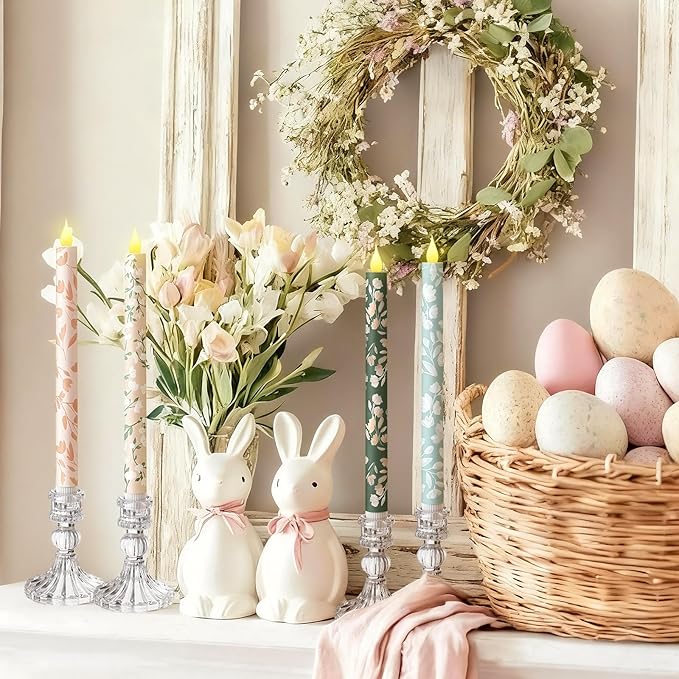 Honoson 6 Pcs Mother's Day Flameless Taper Candles 10.6 Inch Pastel Spring Flower Candles Battery Operated LED Candlesticks for Mother's Day Dinner Table Home Party Decor