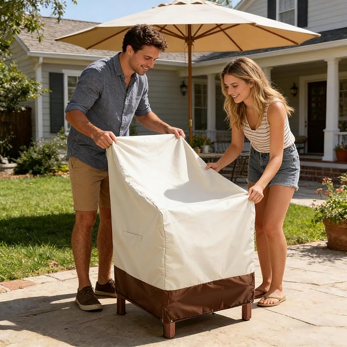 RosieLily Patio Chair Covers High Back Outdoor Chair Cover Waterproof Stackable Outdoor Bar Stool Cover Heavy Duty Patio Furniture Covers Outside, 1 Pack-Beige Brown 28.35"W x 36.22"D x 47.24"H