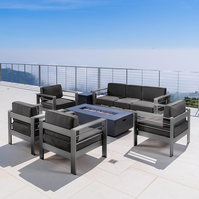 Christopher Knight Home Cape Coral Outdoor Aluminum 7 Piece Conversation Set with Water Resistant Cushions and Dark Grey Rectangular Fire Table