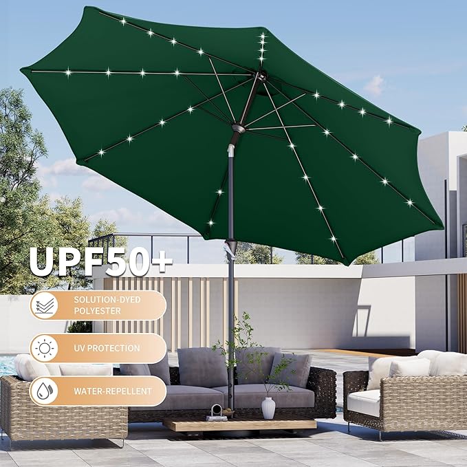 Kingdura 10FT Outdoor Patio Umbrella with Solar Lights, Market Table Umbrella with Push Button Tilt & Crank, 8 Sturdy Ribs, 32 LED Lights, UV Protection for Garden Lawn Deck Backyard Pool (Dark green)