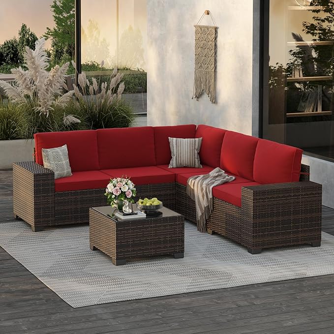 Soohow 6-Piece Patio Furniture Set All-Weather Outdoor Wicker Sectional Conversation Set with Cushion and Glass Table for Garden, Porch, Backyard, Wine Cushions