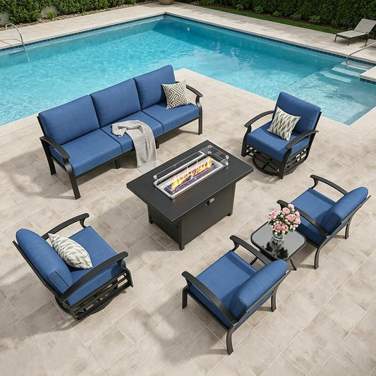 Aluminum Outdoor Patio Furniture Set,7 Seats Patio Conversation Sets with 45" Propane Fire Pit Table,Metal Patio Sectional Furniture Set with 2 Swivel Rocking Chairs,Navy Blue