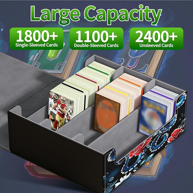 Large Card Deck Box for MTG, Fits 1200+ Sleeved Cards, PU Leather Storage Case with Strong Magnetic Closure, Multiple Colors Available for TCG CCG Baseball Card Collections, Rose Octopus