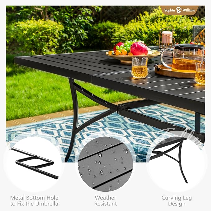 Sophia & William Patio Dining Set for 8, Metal Table & Blue Folding Chairs | Light-weight & space-saving, Breathable & quick-drying, 8 person, Umbrella Hole, Weather-Resistant, Adjustable, Outdoor