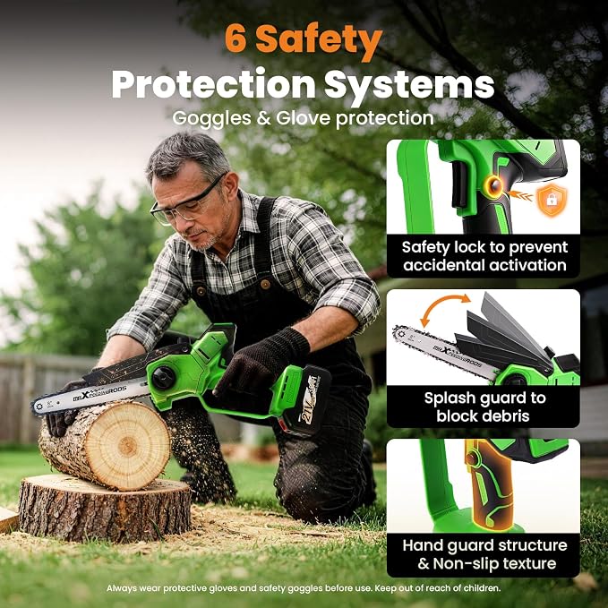 maXpeedingrods Electric Chainsaw Cordless, 8 Inch & 6 Inch Mini Chainsaw with 3.0Ah Battery, Brushless, Auto Oiler & Tool-Free Tensioner, Handheld Portable Chainsaw (8inch Light Green with 3.0Ah)