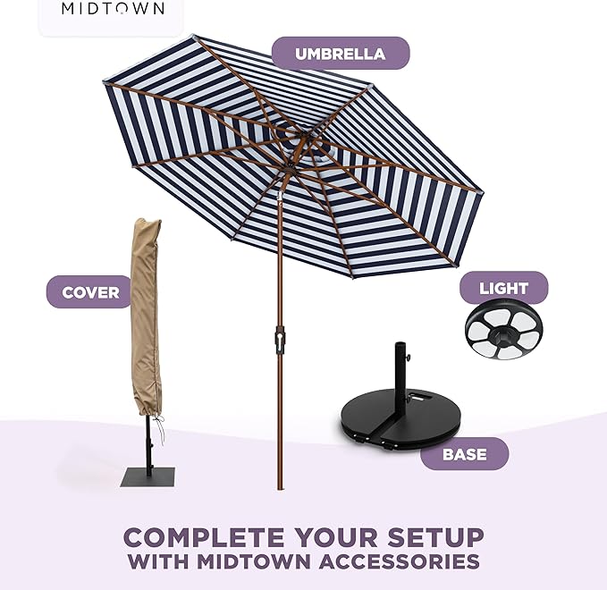 Midtown Umbrellas Wooden 2-8 Ft Patio Umbrella with 360° Swivel & Tilt Mechanism, 8 Fiberglass Ribs & Terylast Polyester Fabric for Deck, Pool, Garden & Porch - Navy Stripes Canopy, Wooden Pole