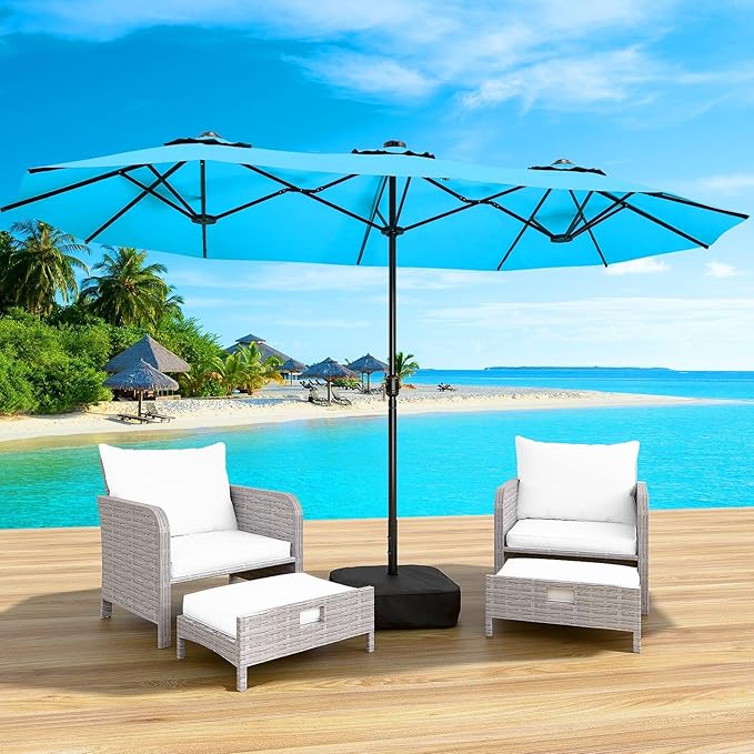 LEVELEVE 15FT Double-Sided Patio Umbrella with Base Included, Large Outdoor Rectangular Market Umbrella for Backyard, Poolside, Lawn & Garden,Lake-Blue