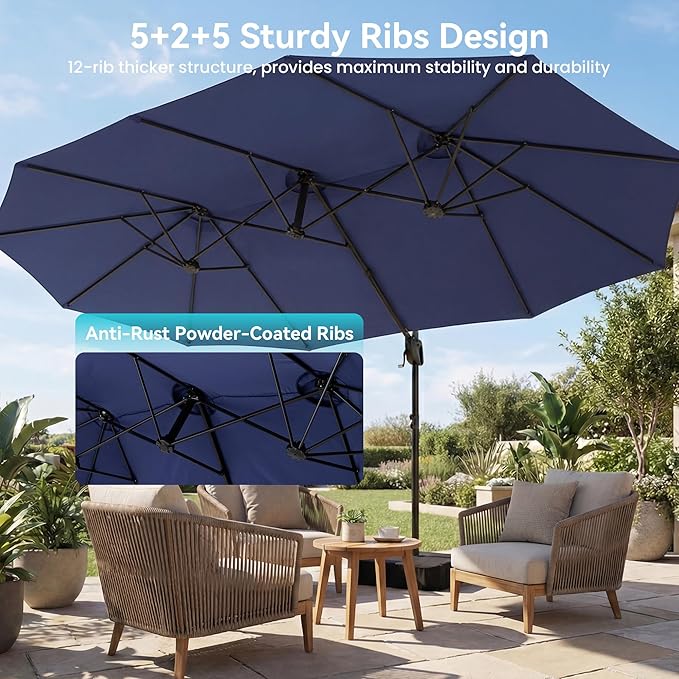 COSIEST 8 * 13FT Cantilever Patio Umbrella with Base,Large Rectangle Offset Umbrella，Heavy Duty Double-Sided Table Market Umbrella for Garden, Pool, Deck Shade, Navy Blue