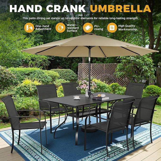 7-Piece Patio Dining Set with Umbrella,6 Person Outdoor Table and Chairs Set, 6 Metal Dining Chairs and Rectangular Outdoor Table with 1.57" Umbrella Hole,Black