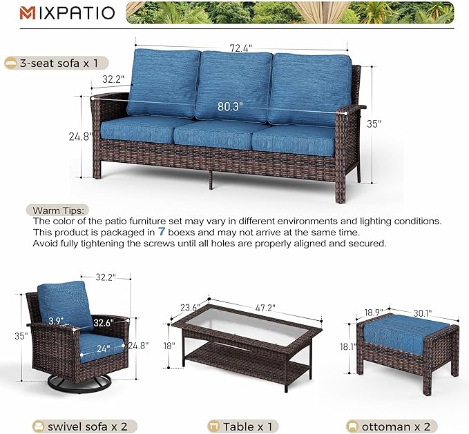 6-Piece Wicker Patio Furniture Set with Swivel Chairs, High Back Outdoor Furniture with 5.5-inch Thick Cushion and Ottoman, All-Weather Wicker Patio Conversation Set for Deck Lawn, Navy Blue