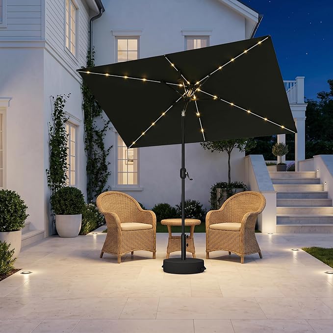 PURPLE LEAF 5' x 8' Rectangular Patio Umbrella with Solar LED Outdoor Table Umbrella Aluminum Frame Market Umbrella Sun Umbrella for Garden Deck Lawn Pool Gray