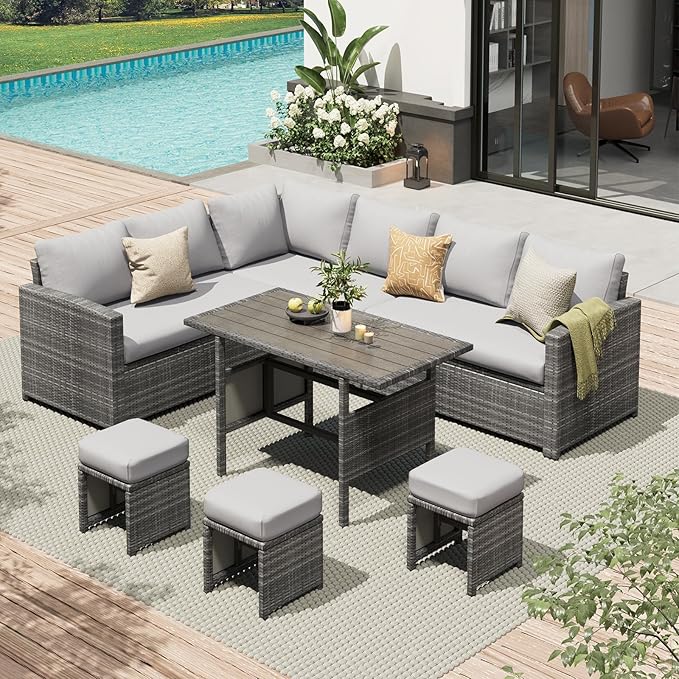AECOJOY Outdoor Patio Furniture Set with Waterproof Cover, 7 Pieces Clearance Sectional Rattan Dining Table&Chairs, All Weather Wicker Conversation Sofa Couch, Light Grey Cushions&Grey Rattan