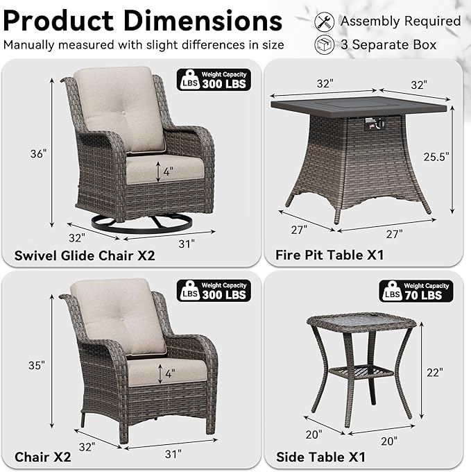 6 Pieces Outdoor Wicker Patio Furniture Set with Fire Pit Table, Patio Chair Set with Thickened Olefin Cushions, High Back and Deep Seating, Hand-Woven PE Rattan for Porch, Deck