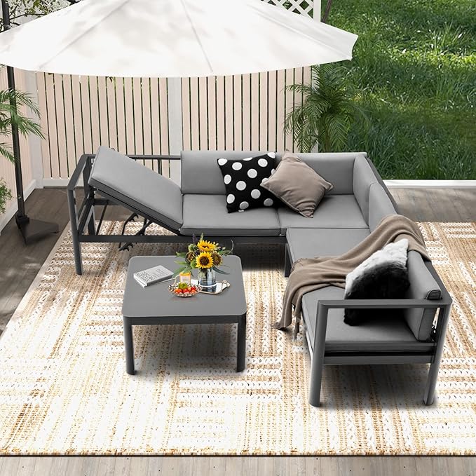 Tangkula 3 Piece Aluminum Patio Furniture Set, Patiojoy Outdoor Sectional Sofa Set with 6-Level Reclining Backrest, Tempered Glass Tabletop, Seat & Back Cushions for Backyard, Poolside (Grey)