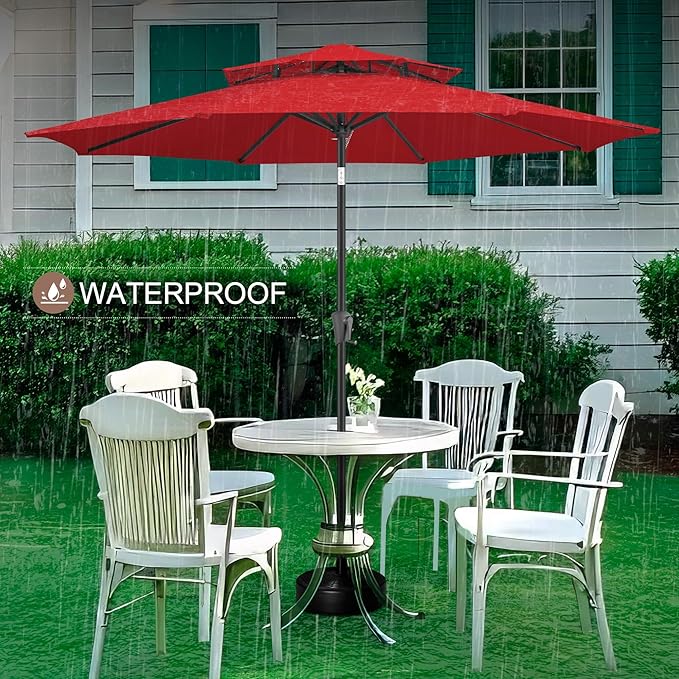 FLAME&SHADE 9ft Patio Umbrella - 2 Tiers Outdoor Umbrella with Push Button Tilt and Crank for UV Protection, Table Market Umbrella for Garden, Deck, Backyard, Pool and Beach(Red)