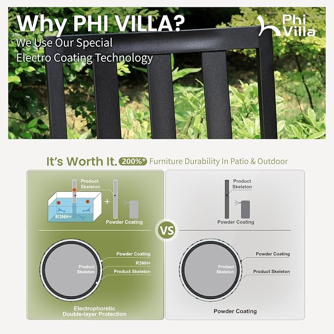 PHI VILLA Outdoor Dining Set for 8,57.5" Wood-Like Metal Table | Brown Square Metal Steel Table&Stackable Wrought Iron Chairs,Patio Furniture Set for Patio, Deck, Yard, Porch
