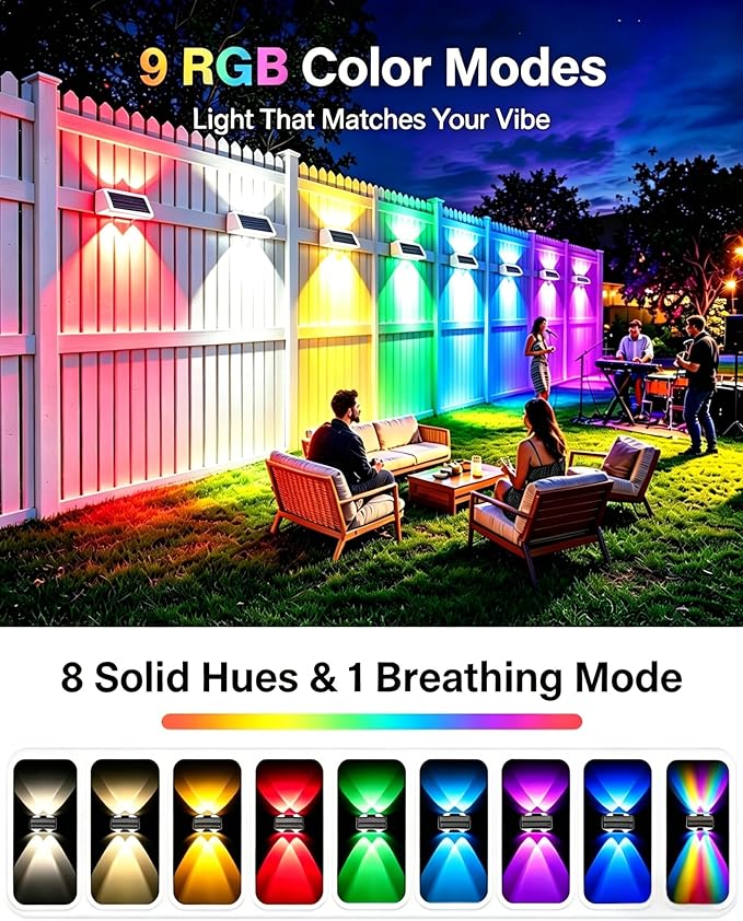 Solar Fence Lights Outdoor, 2 Pack 100LM Fence Lights Solar Powered, 9 Color Modes, Up and Down LED Focused Beam, 12H Dusk to Dawn Glow for Pool/Patio/Wall/Backyard - White