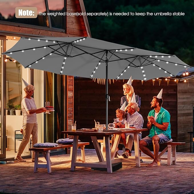 Giantex 15 FT Double Patio Umbrellas with 48 Solar LED Lights, Auto-Charging Panel, Crank System, Outdoor Extra-Large Rectangle Market Table Umbrella for Garden Deck Backyard Beach Pool