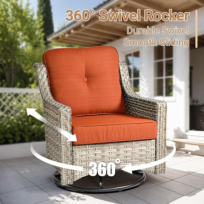 HOOOWOOO Patio Furniture Set,6 Pieces Wicker Outdoor Furniture,High Back Conversation Set with All Weather Resistant Fire Pit Table Couch Swivel Chairs,Orange Red